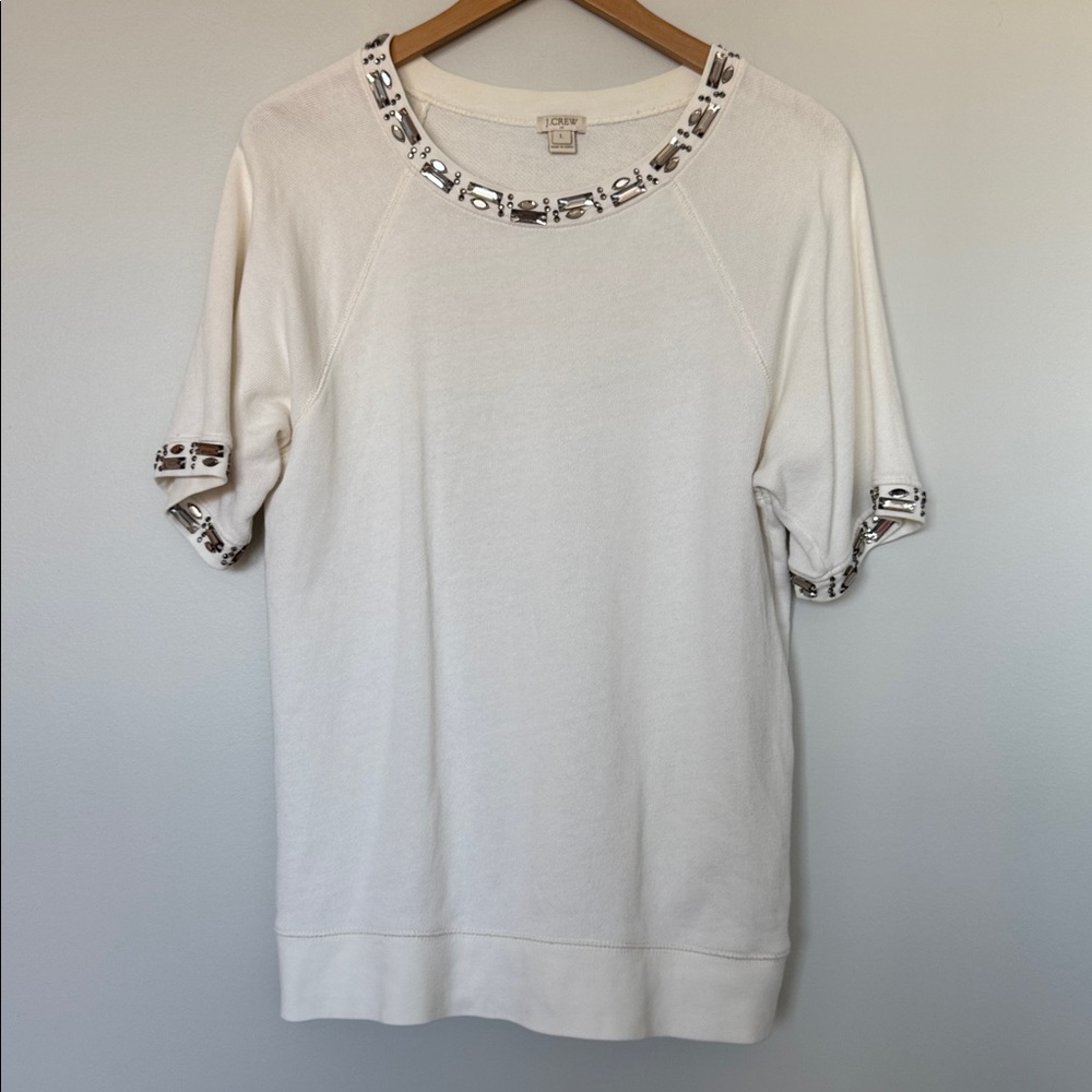 J. Crew Women’s Short Sleeve White Sweatshirt with Jewel Neckline Size Large